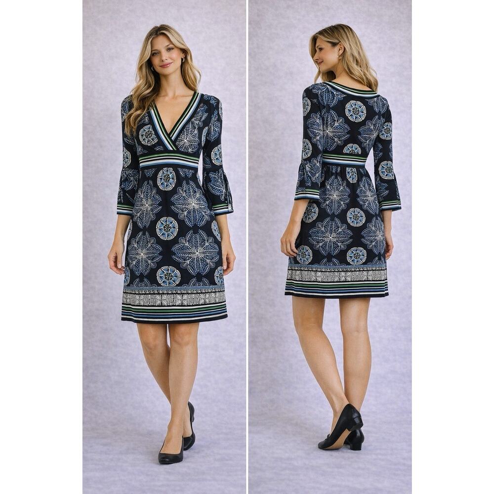 Max Studio Printed V-Neck Dress / S Blue Black Geometric Boho Stretch 3/4 Sleeve